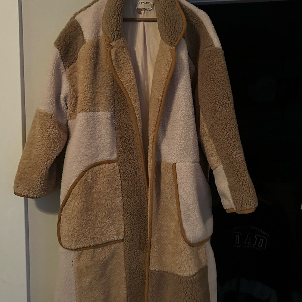 Pilcro Patchwork Teddy Jacket in Cream and Tan